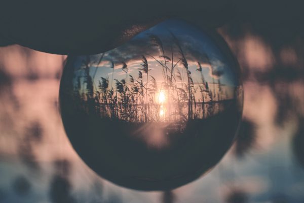 The beautiful sunrise upside-down view from a crystal ball perspective